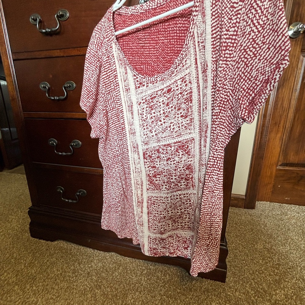 Lucky Brand Red and Ivory Printed Tunic
